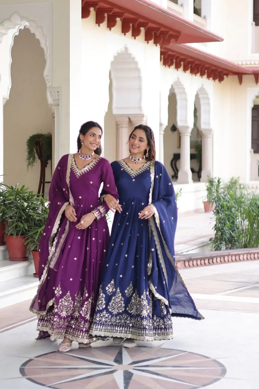 Embroidered Vichitra Silk Anarkali Gown with Dupatta