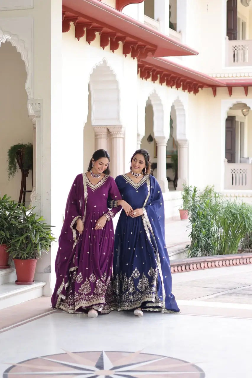 Embroidered Vichitra Silk Anarkali Gown with Dupatta