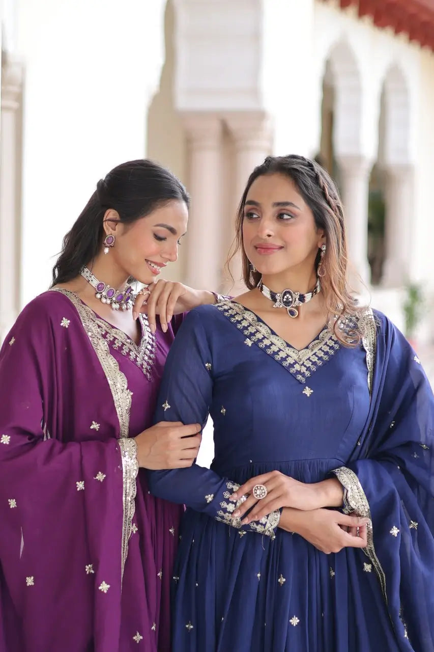 Embroidered Vichitra Silk Anarkali Gown with Dupatta