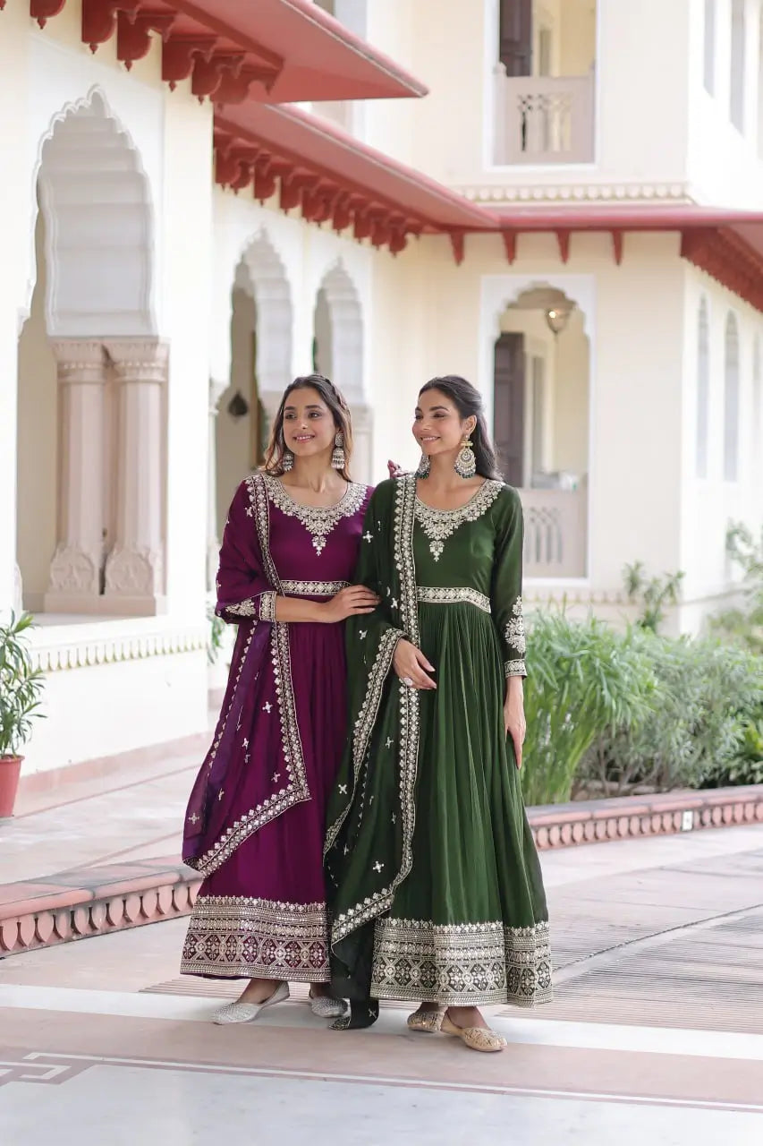 Embroidered Vichitra Silk Anarkali Gown with Dupatta