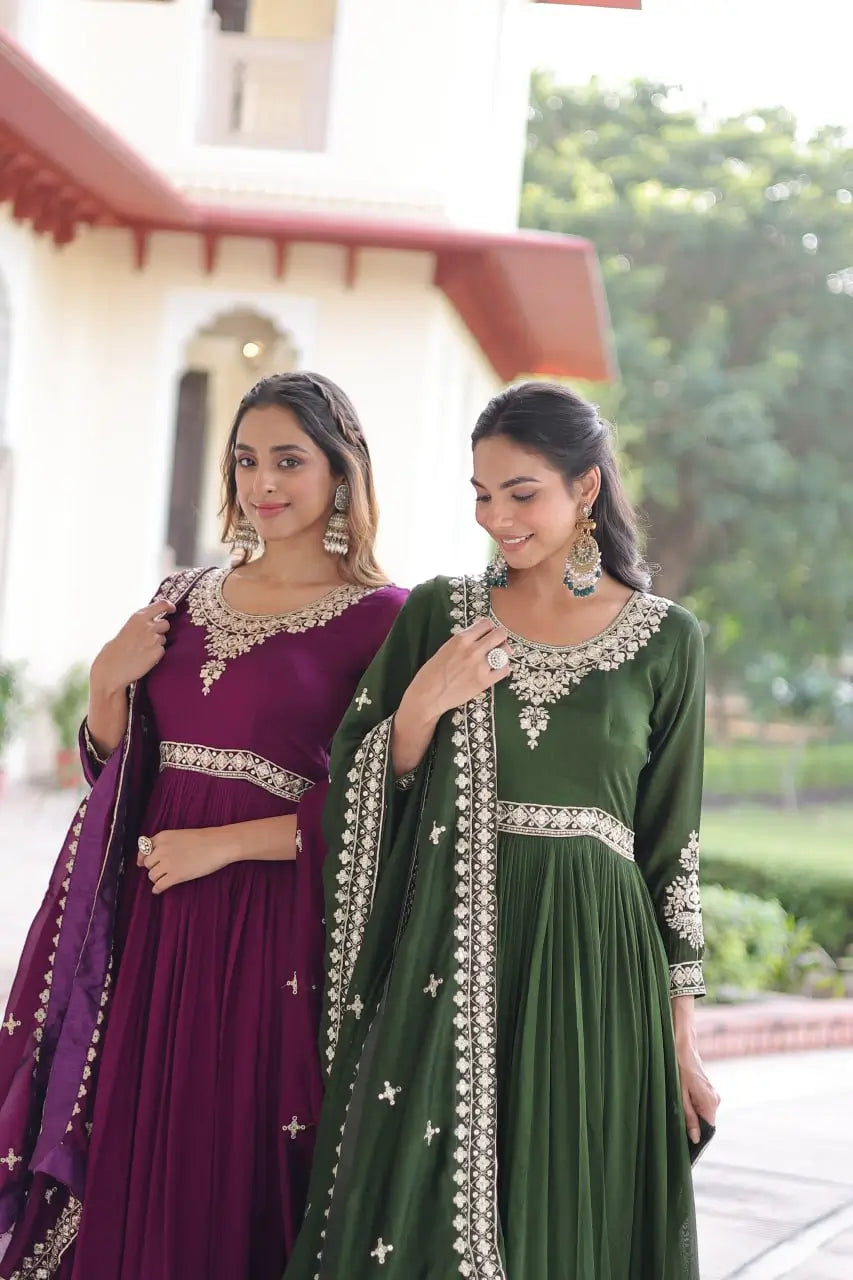 Embroidered Vichitra Silk Anarkali Gown with Dupatta