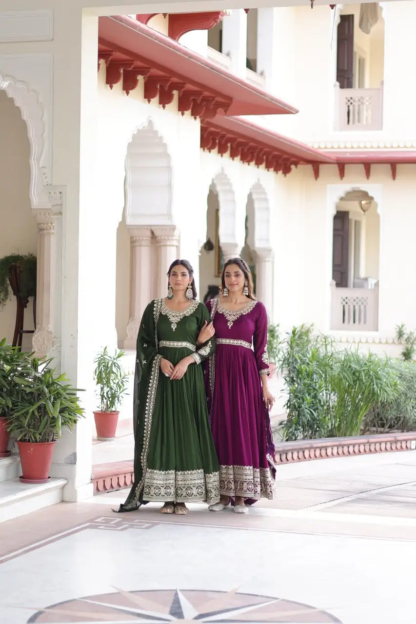 Embroidered Vichitra Silk Anarkali Gown with Dupatta