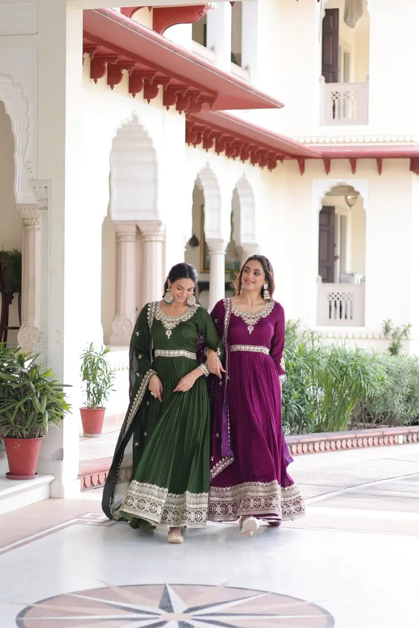 Embroidered Vichitra Silk Anarkali Gown with Dupatta