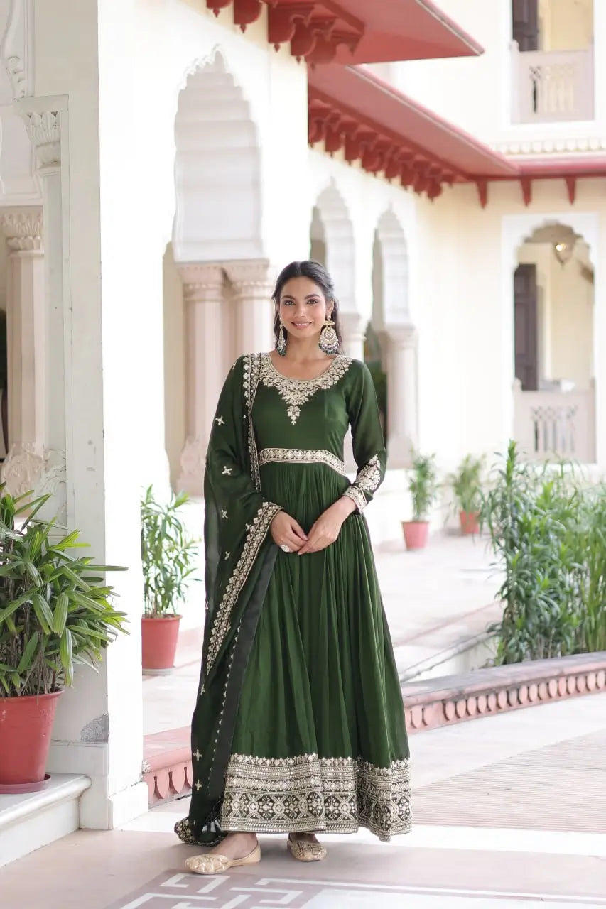 Embroidered Vichitra Silk Anarkali Gown with Dupatta