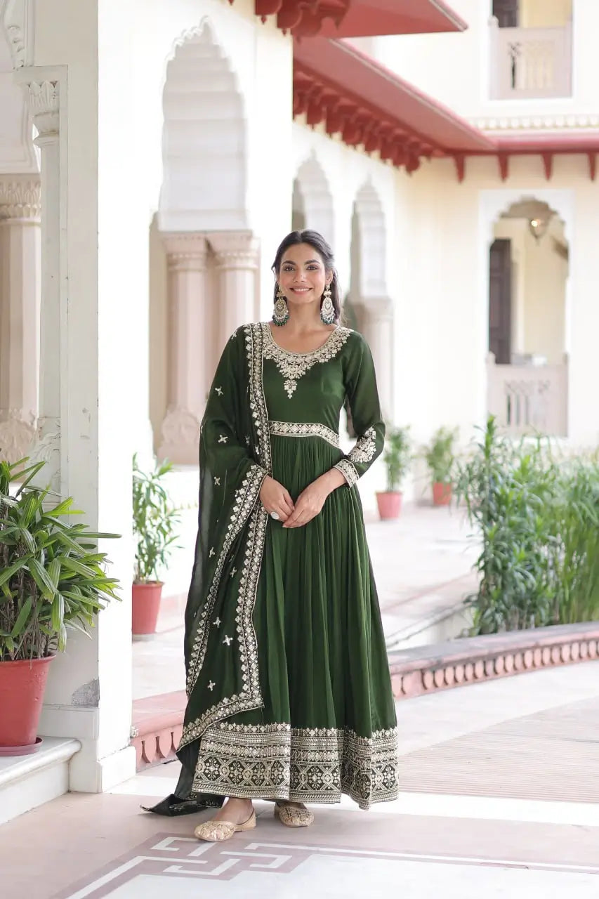 Embroidered Vichitra Silk Anarkali Gown with Dupatta