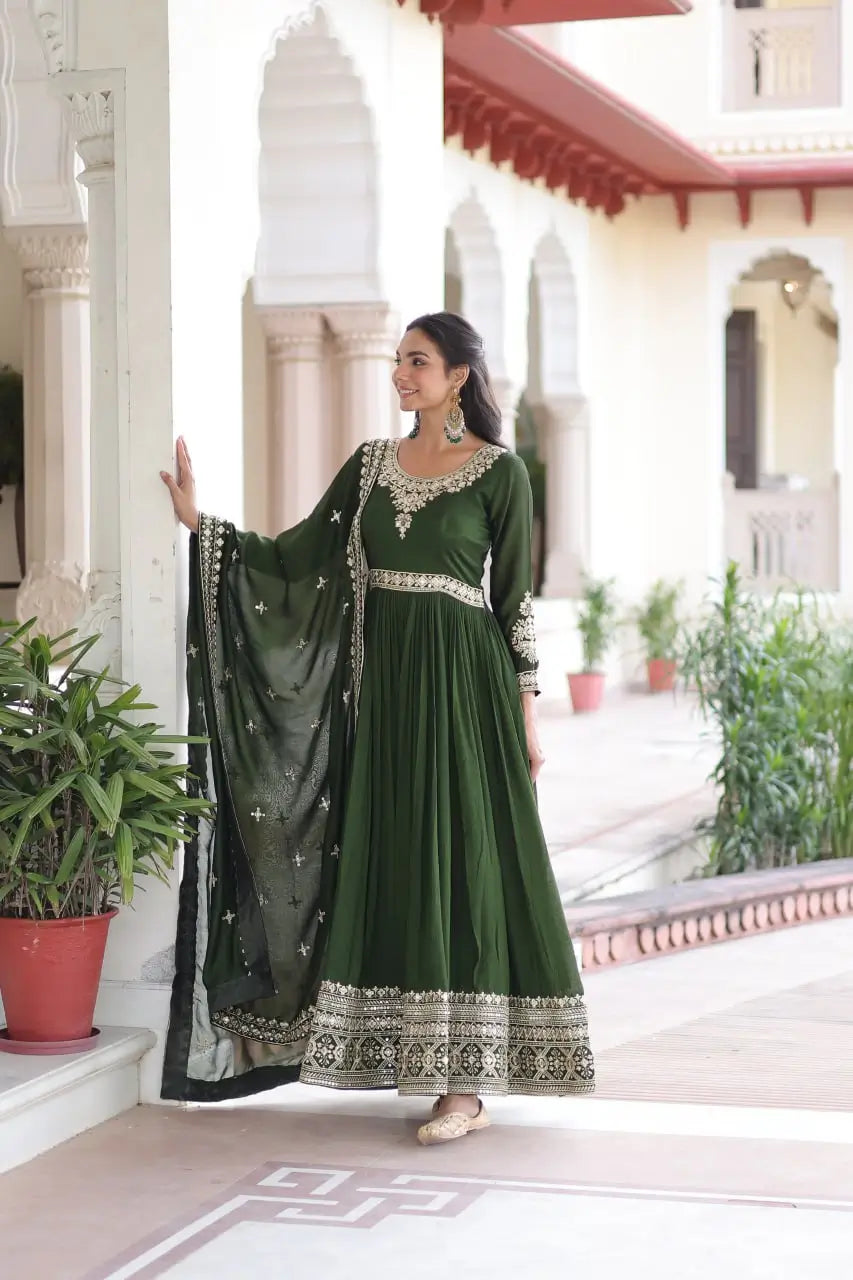 Embroidered Vichitra Silk Anarkali Gown with Dupatta