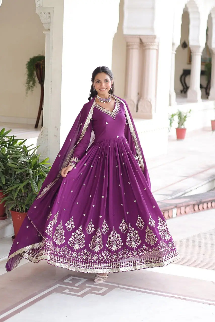 Embroidered Vichitra Silk Anarkali Gown with Dupatta