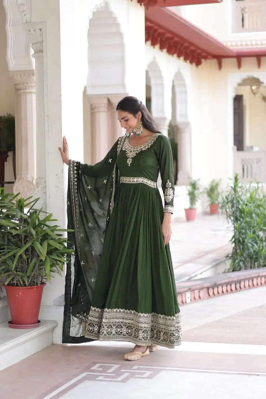 Embroidered Vichitra Silk Anarkali Gown with Dupatta