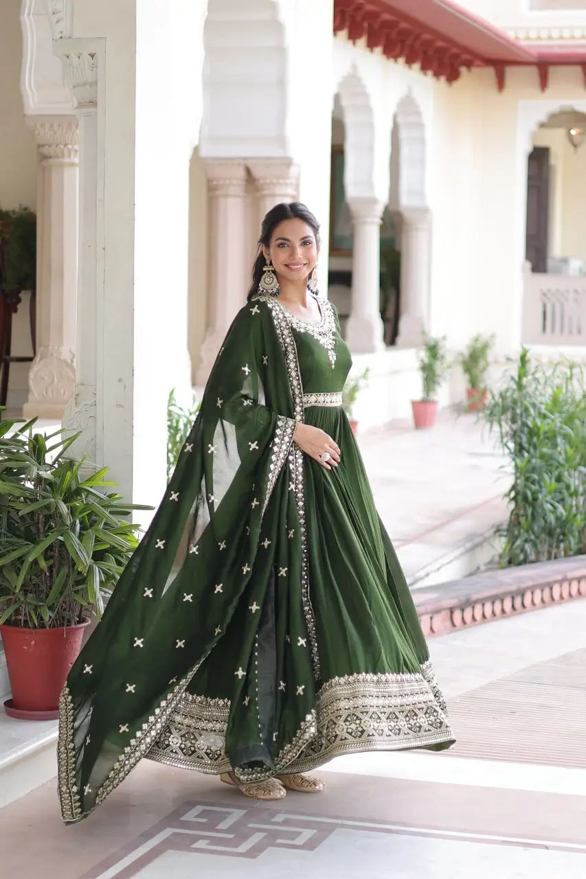 Embroidered Vichitra Silk Anarkali Gown with Dupatta