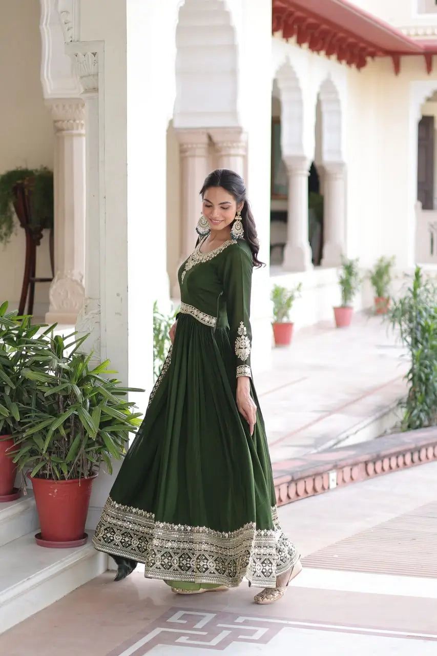 Embroidered Vichitra Silk Anarkali Gown with Dupatta