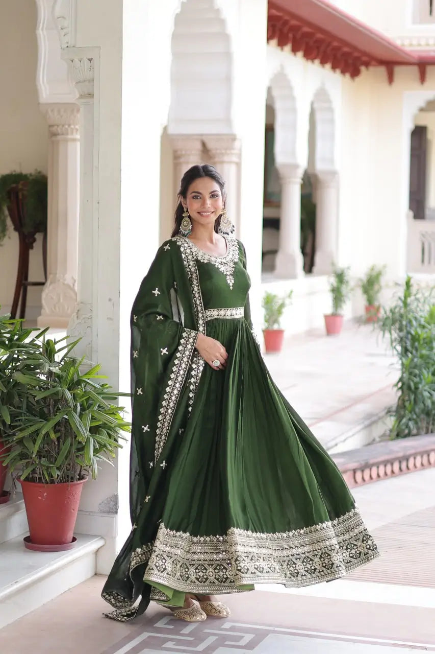 Embroidered Vichitra Silk Anarkali Gown with Dupatta