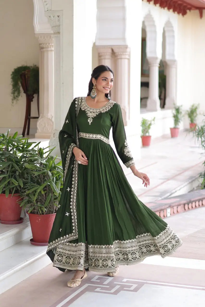 Embroidered Vichitra Silk Anarkali Gown with Dupatta