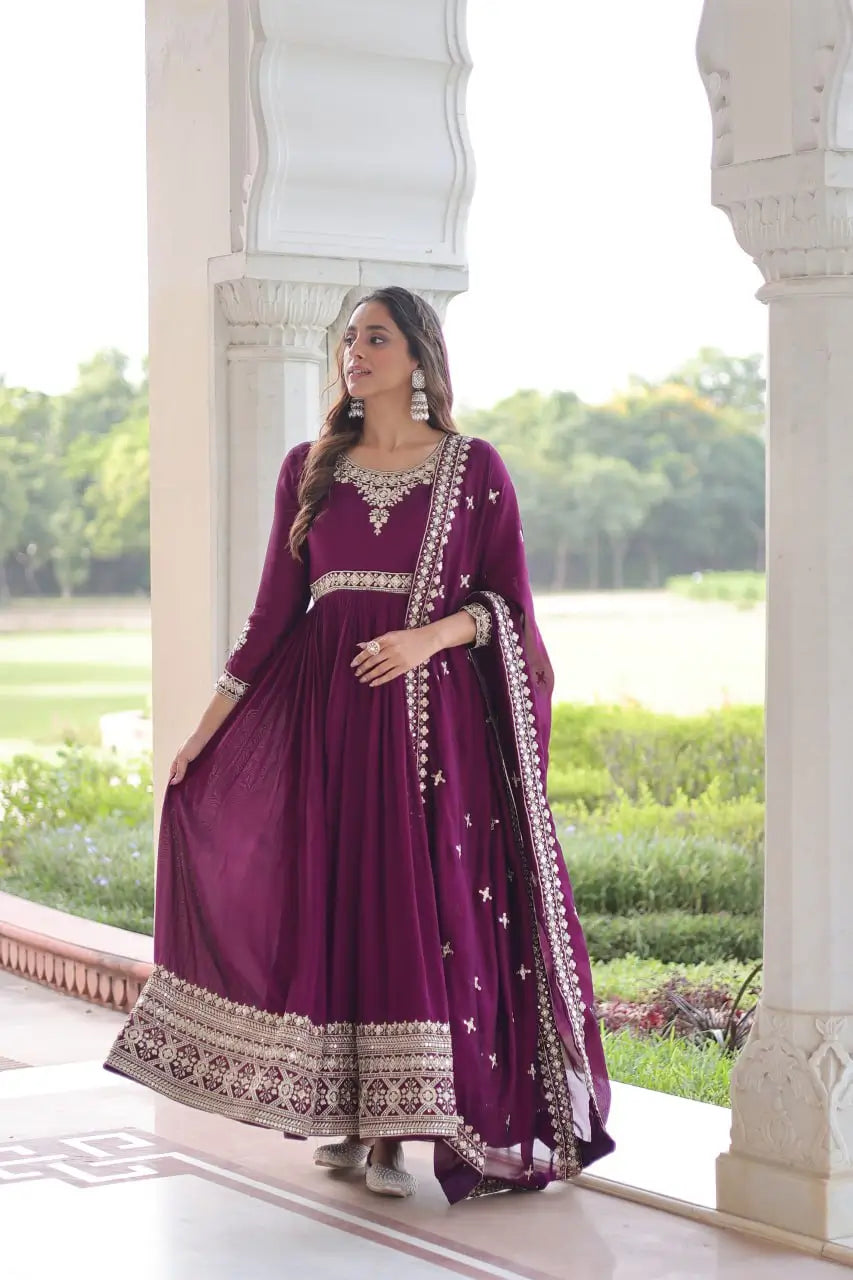 Embroidered Vichitra Silk Anarkali Gown with Dupatta