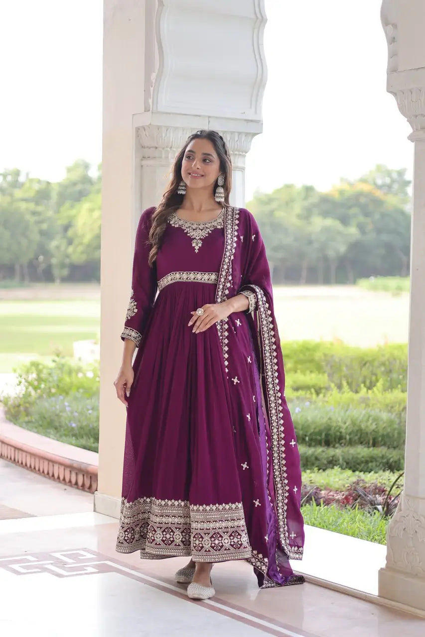 Embroidered Vichitra Silk Anarkali Gown with Dupatta