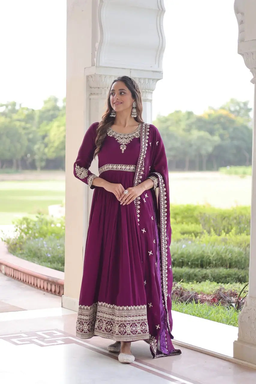 Embroidered Vichitra Silk Anarkali Gown with Dupatta