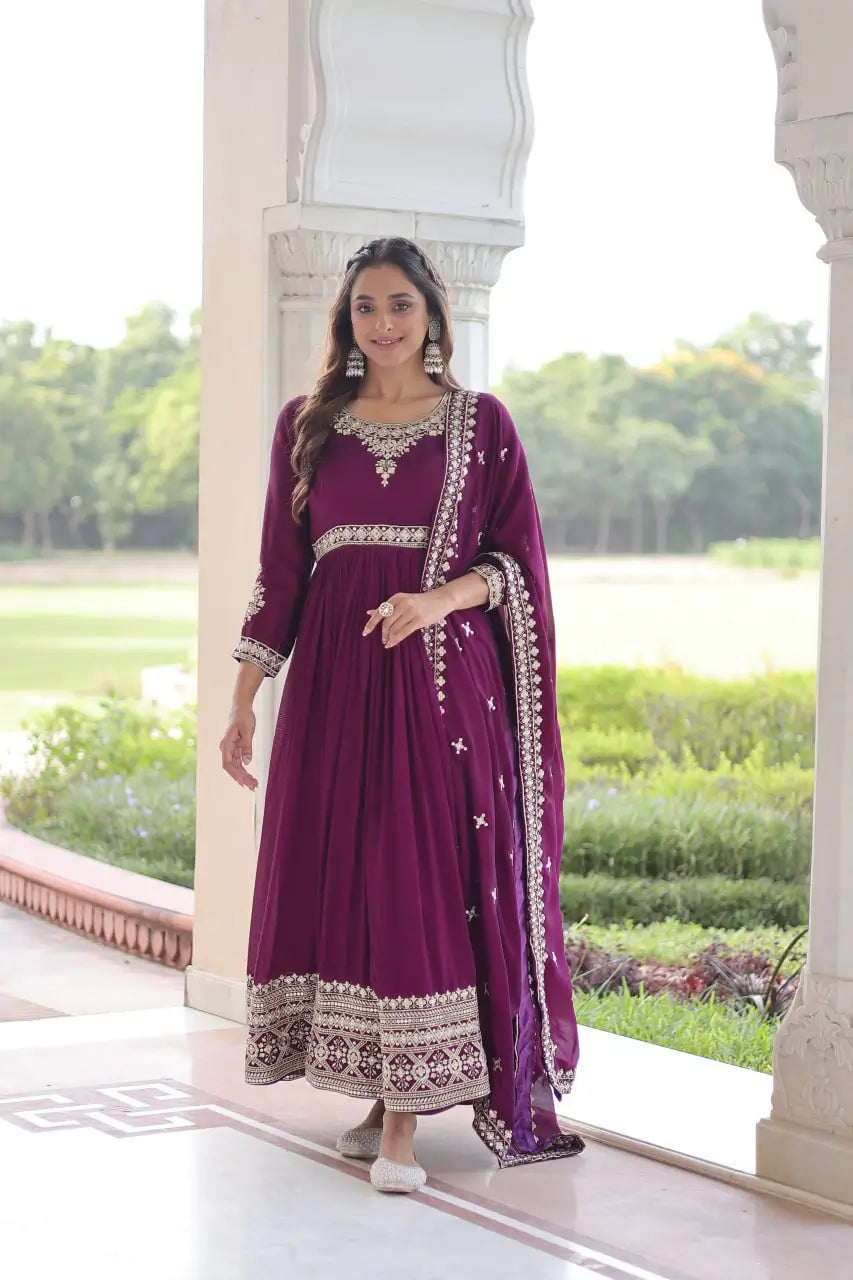 Embroidered Vichitra Silk Anarkali Gown with Dupatta