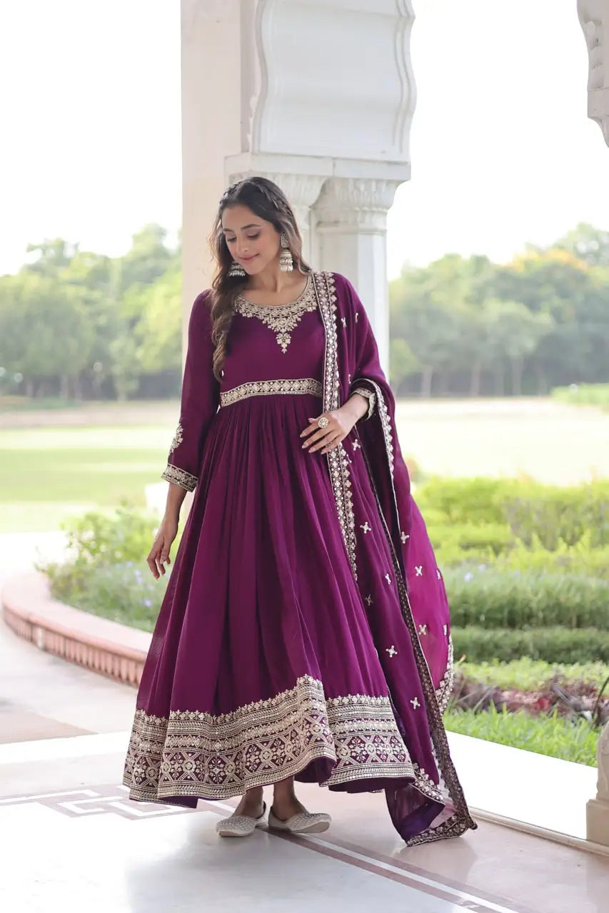 Embroidered Vichitra Silk Anarkali Gown with Dupatta