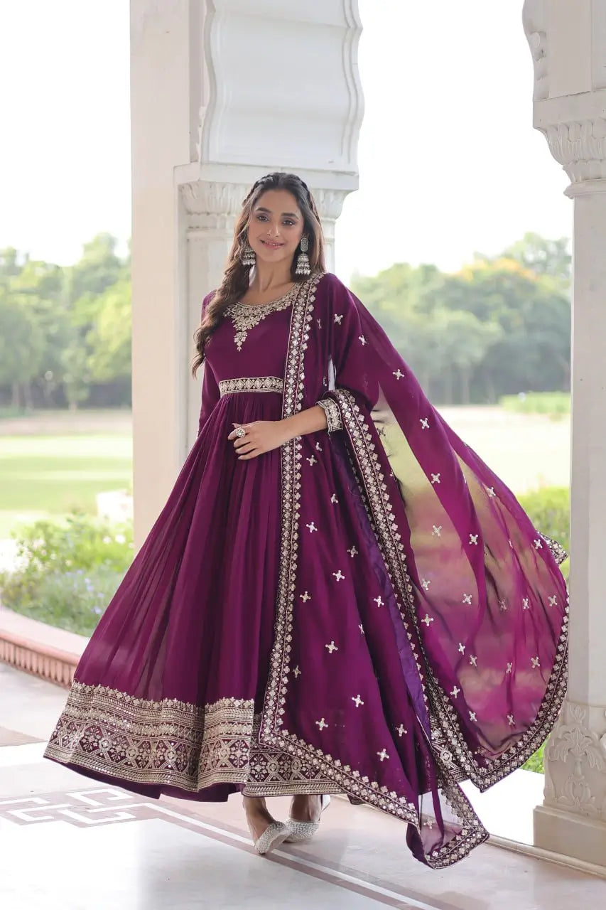 Embroidered Vichitra Silk Anarkali Gown with Dupatta