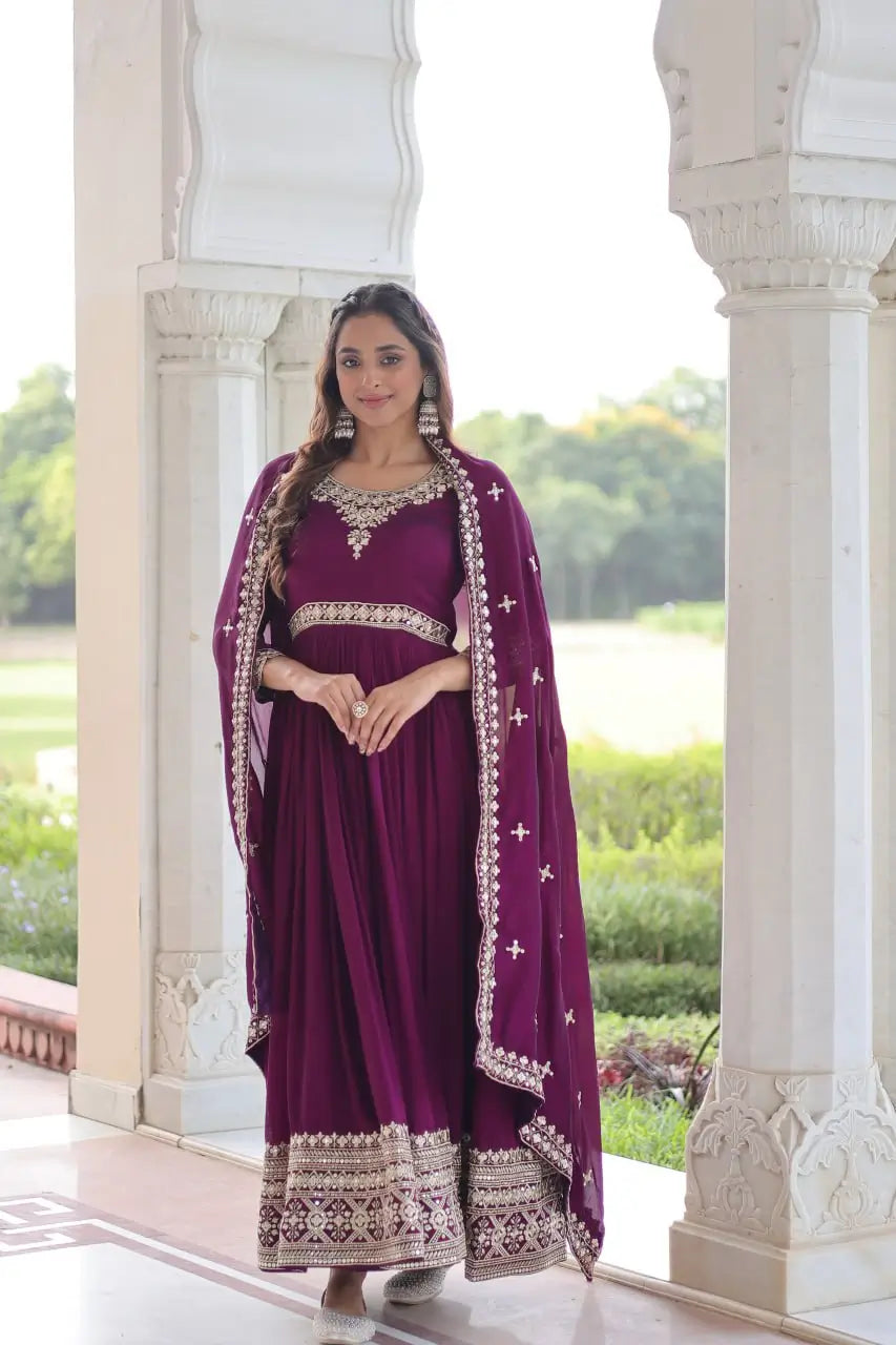 Embroidered Vichitra Silk Anarkali Gown with Dupatta