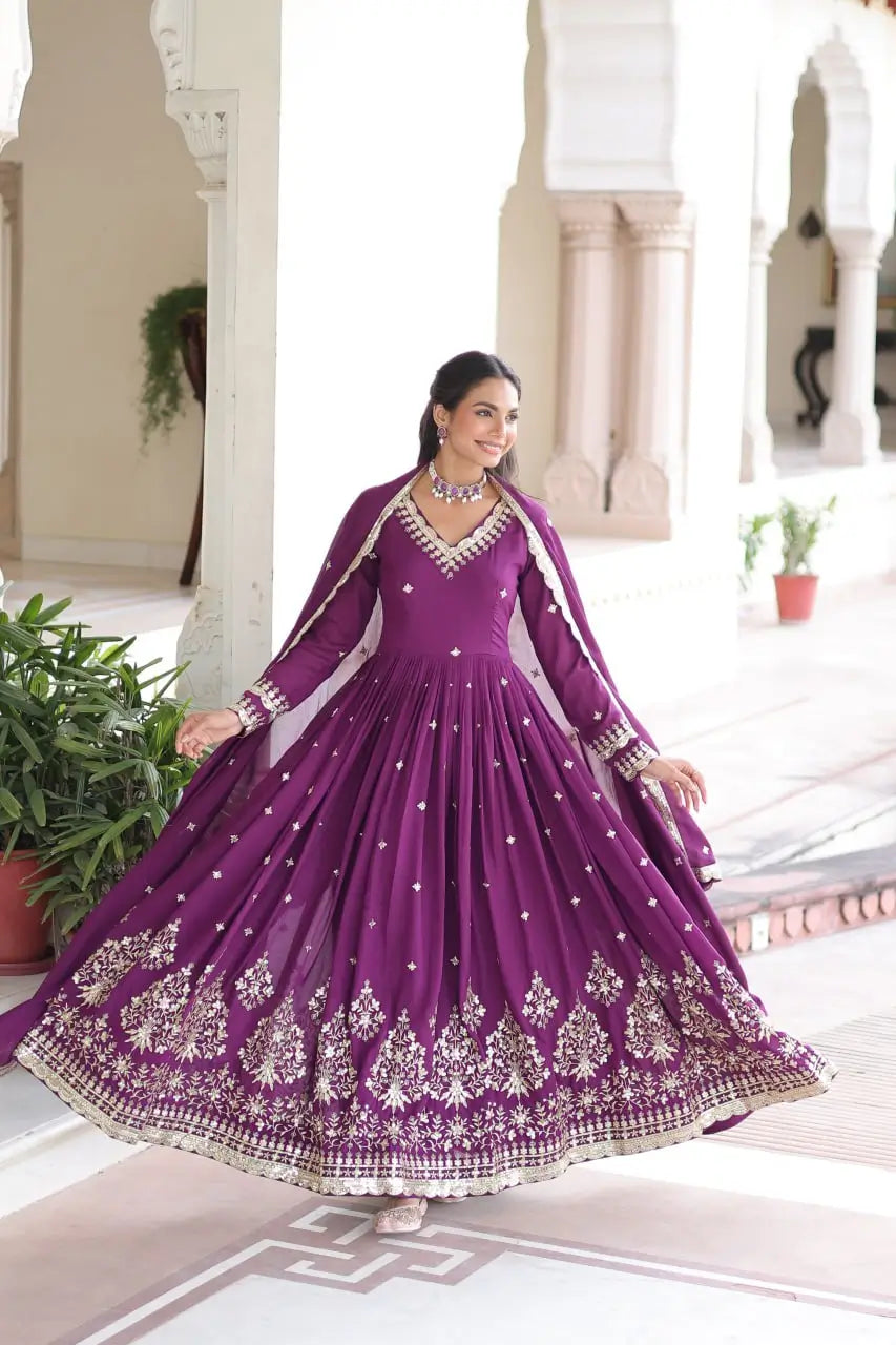 Embroidered Vichitra Silk Anarkali Gown with Dupatta