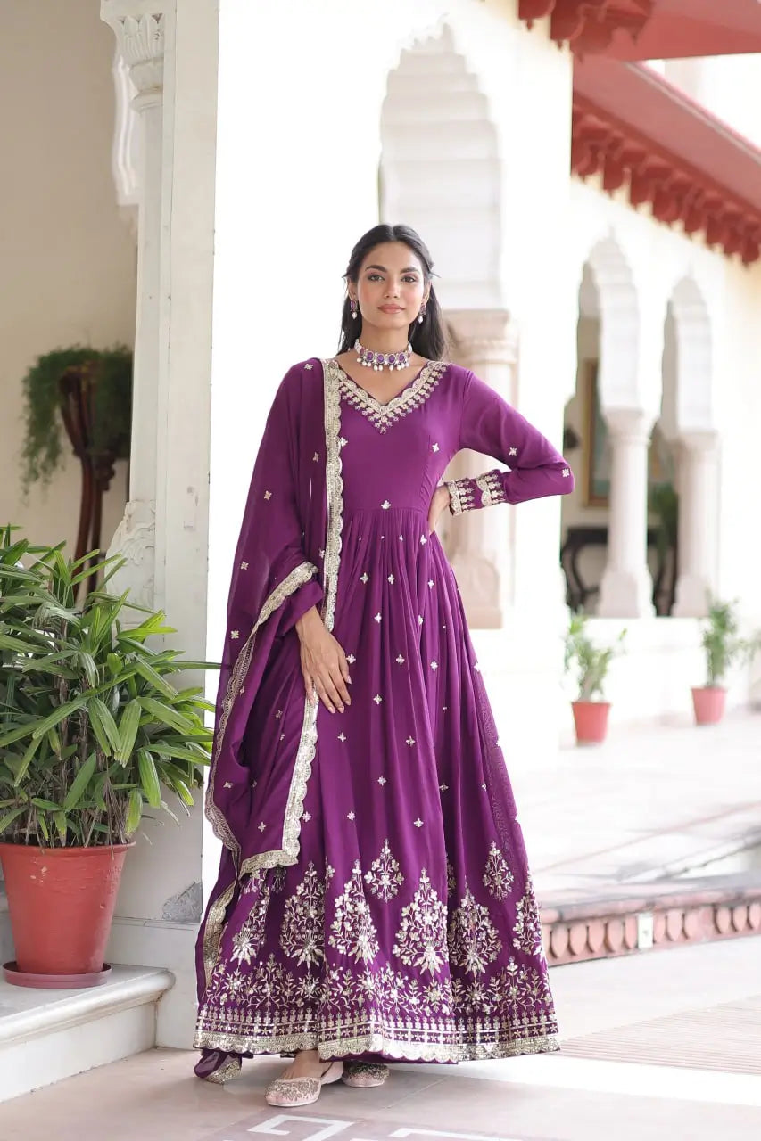 Embroidered Vichitra Silk Anarkali Gown with Dupatta
