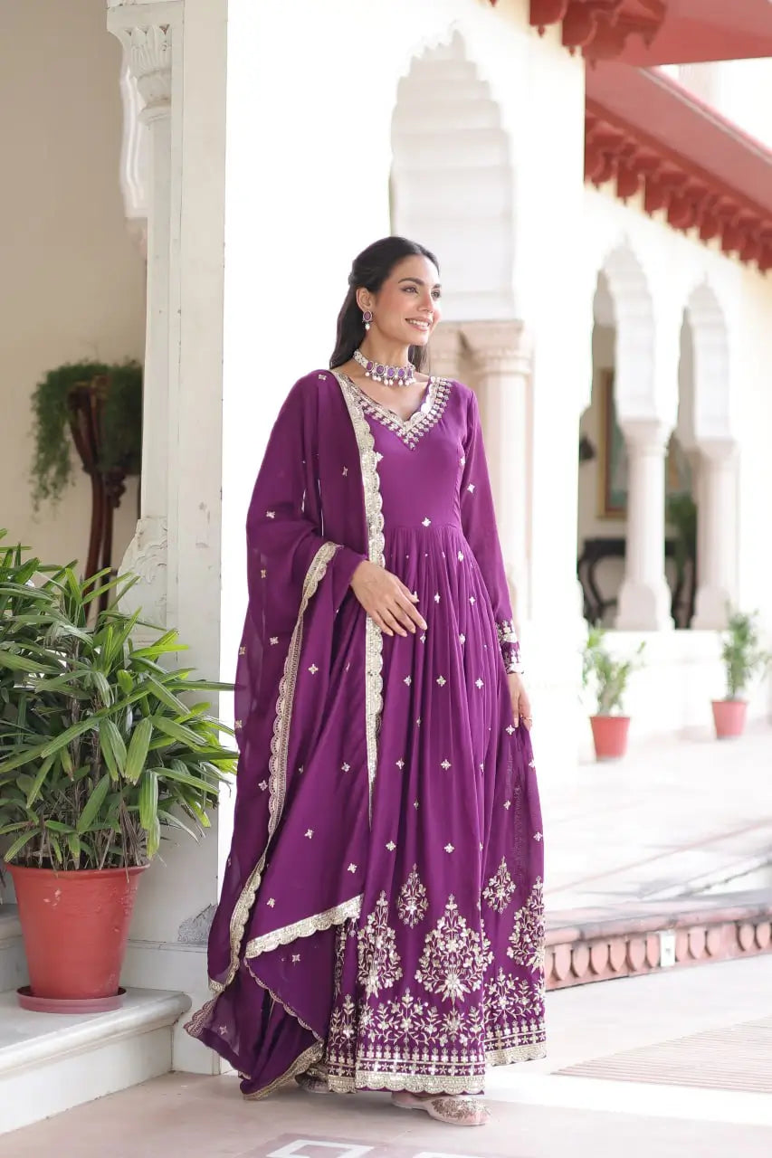 Embroidered Vichitra Silk Anarkali Gown with Dupatta