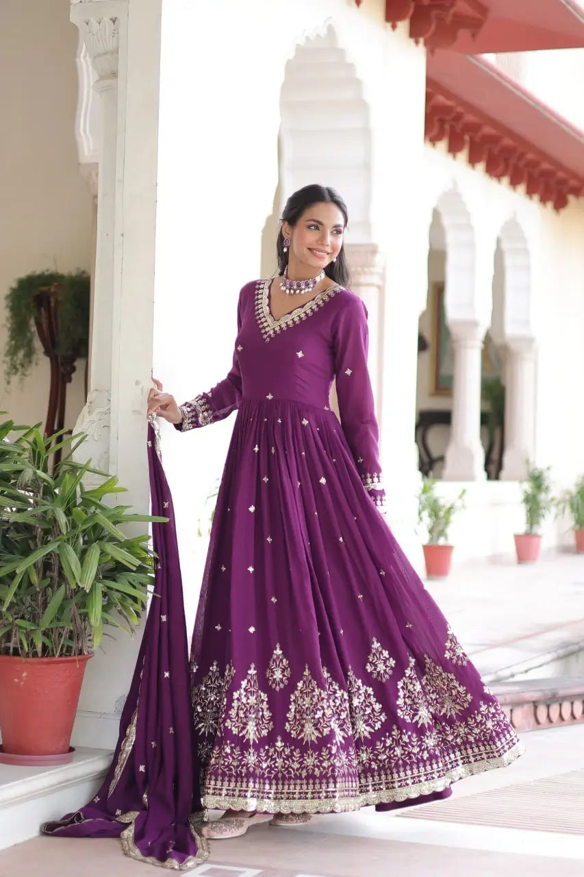 Embroidered Vichitra Silk Anarkali Gown with Dupatta