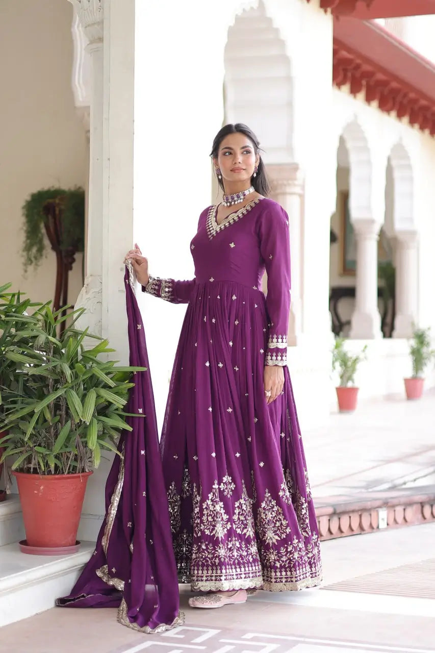 Embroidered Vichitra Silk Anarkali Gown with Dupatta