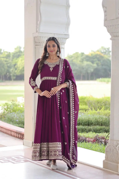Embroidered Vichitra Silk Anarkali Gown with Dupatta
