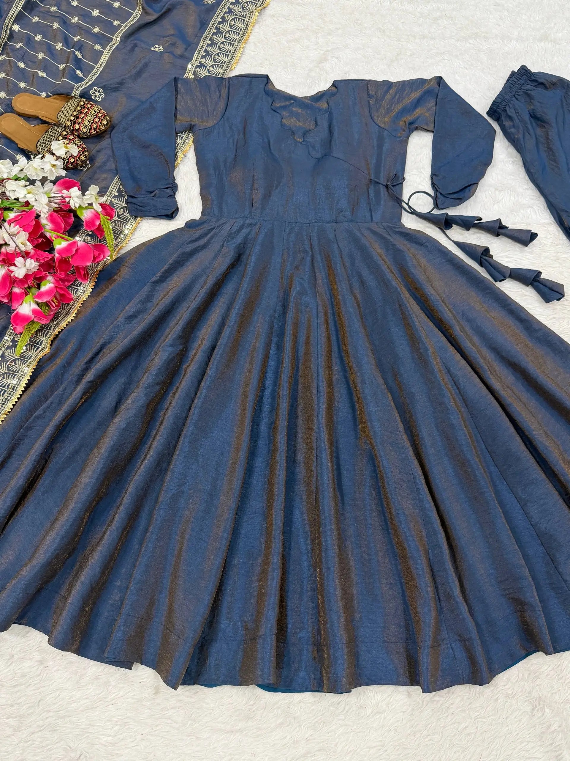 Embroidered Vichitra Silk Anarkali Plazzo Set