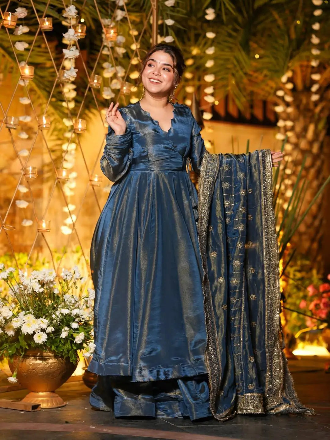 Embroidered Vichitra Silk Anarkali Plazzo Set