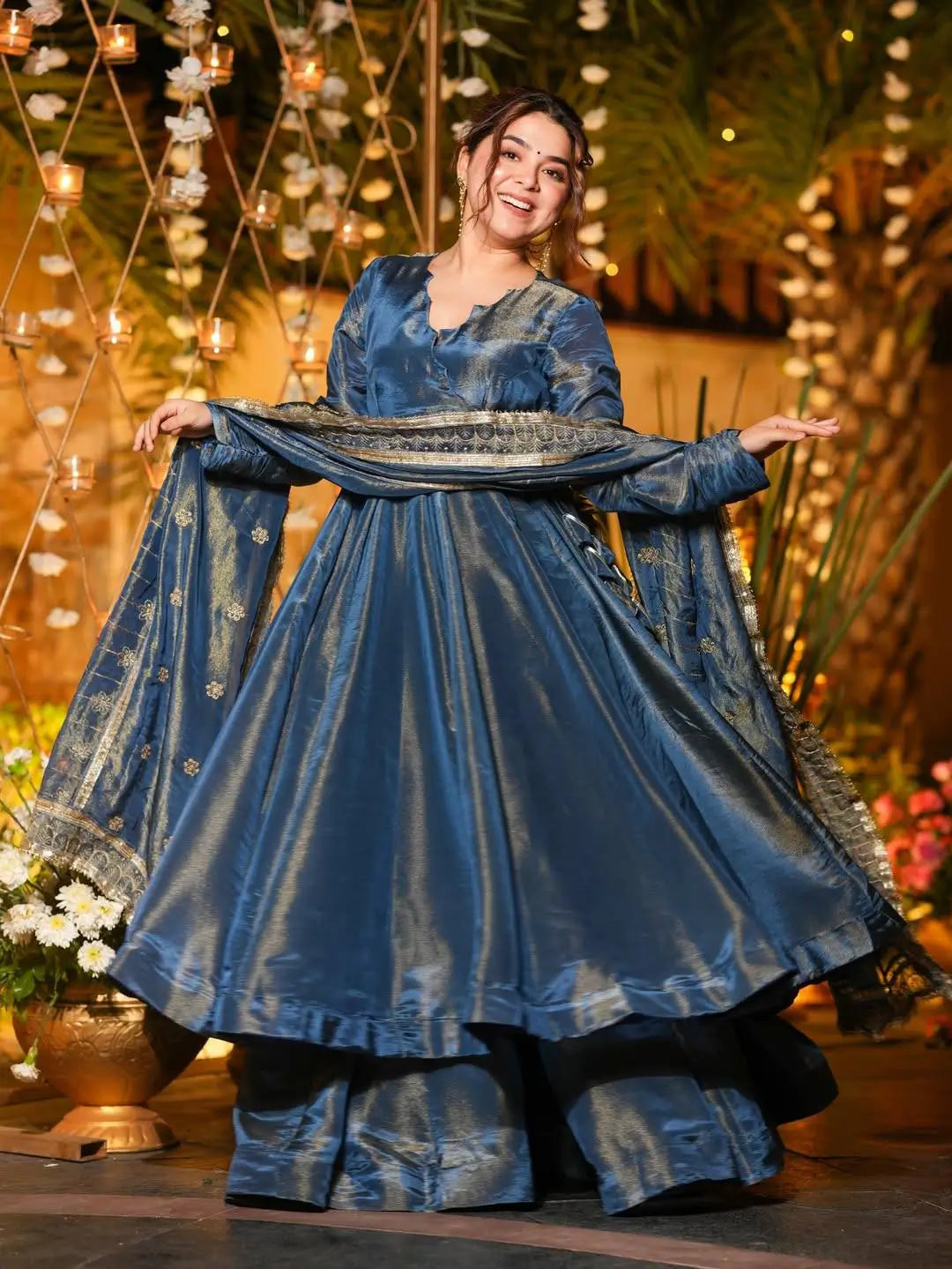 Embroidered Vichitra Silk Anarkali Plazzo Set