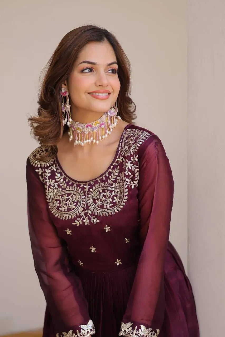 Embroidered Vichitra Silk Festival Gown Set