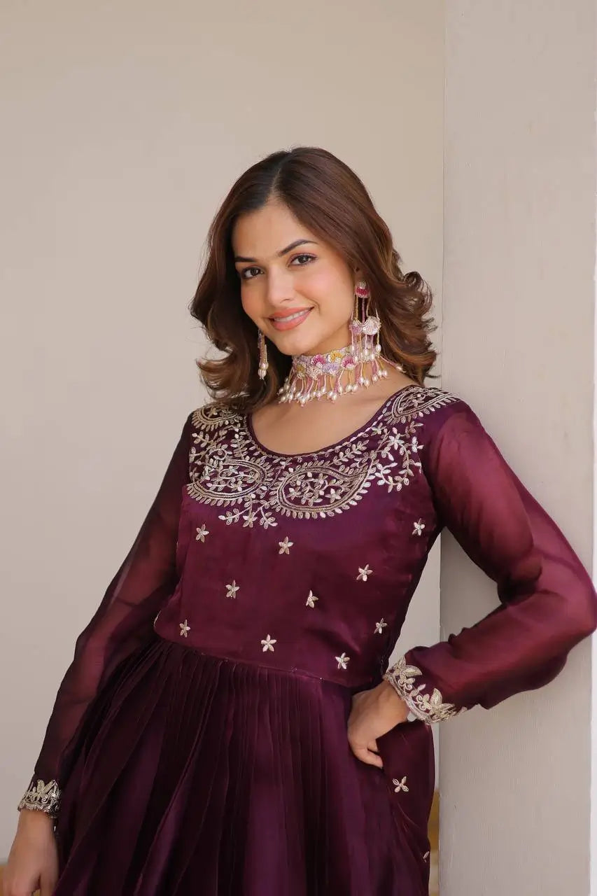 Embroidered Vichitra Silk Festival Gown Set