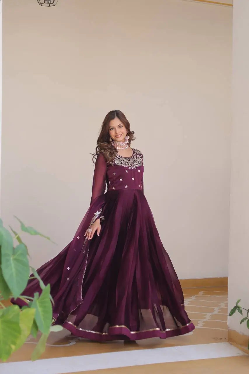 Embroidered Vichitra Silk Festival Gown Set