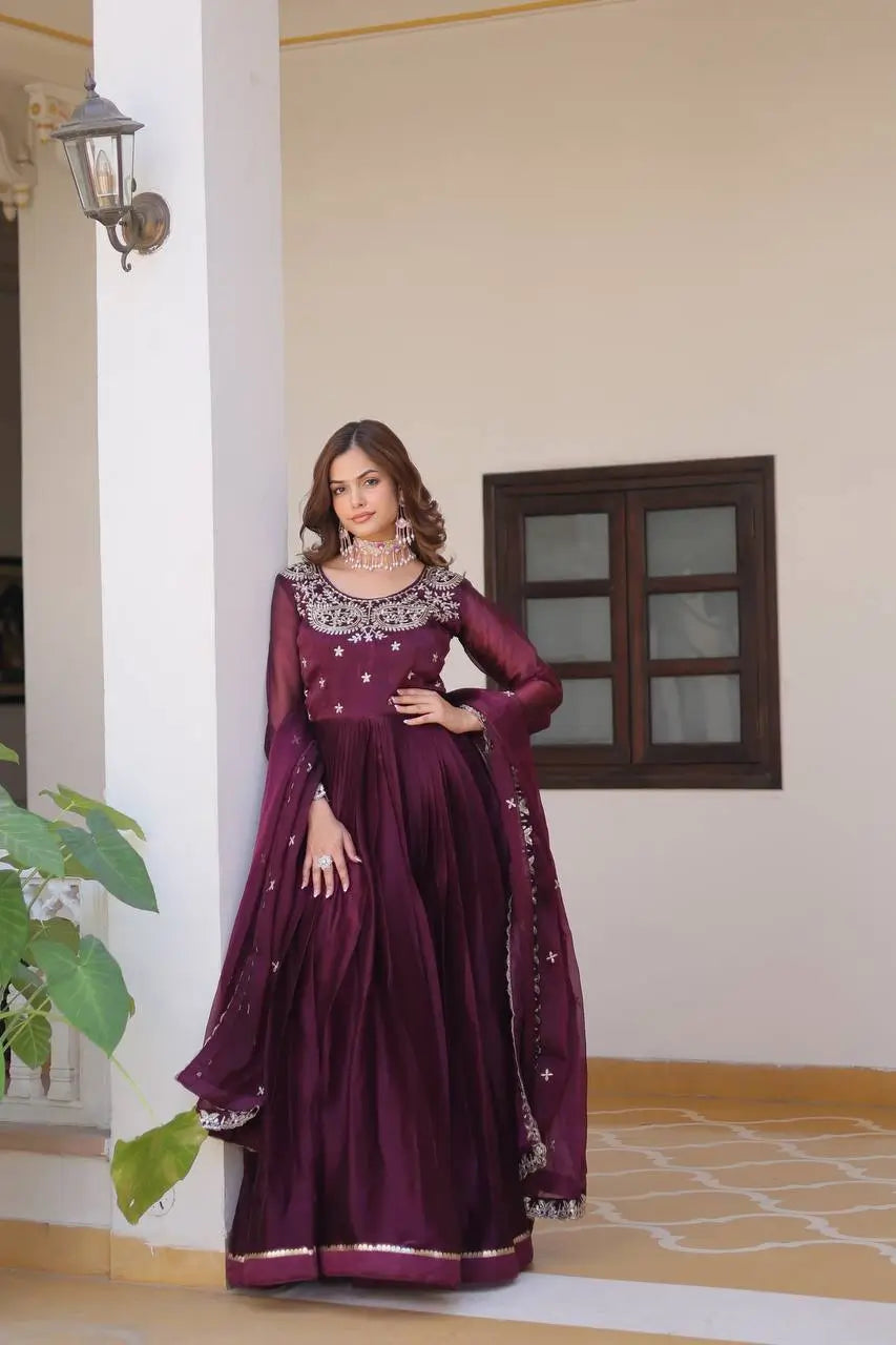 Embroidered Vichitra Silk Festival Gown Set