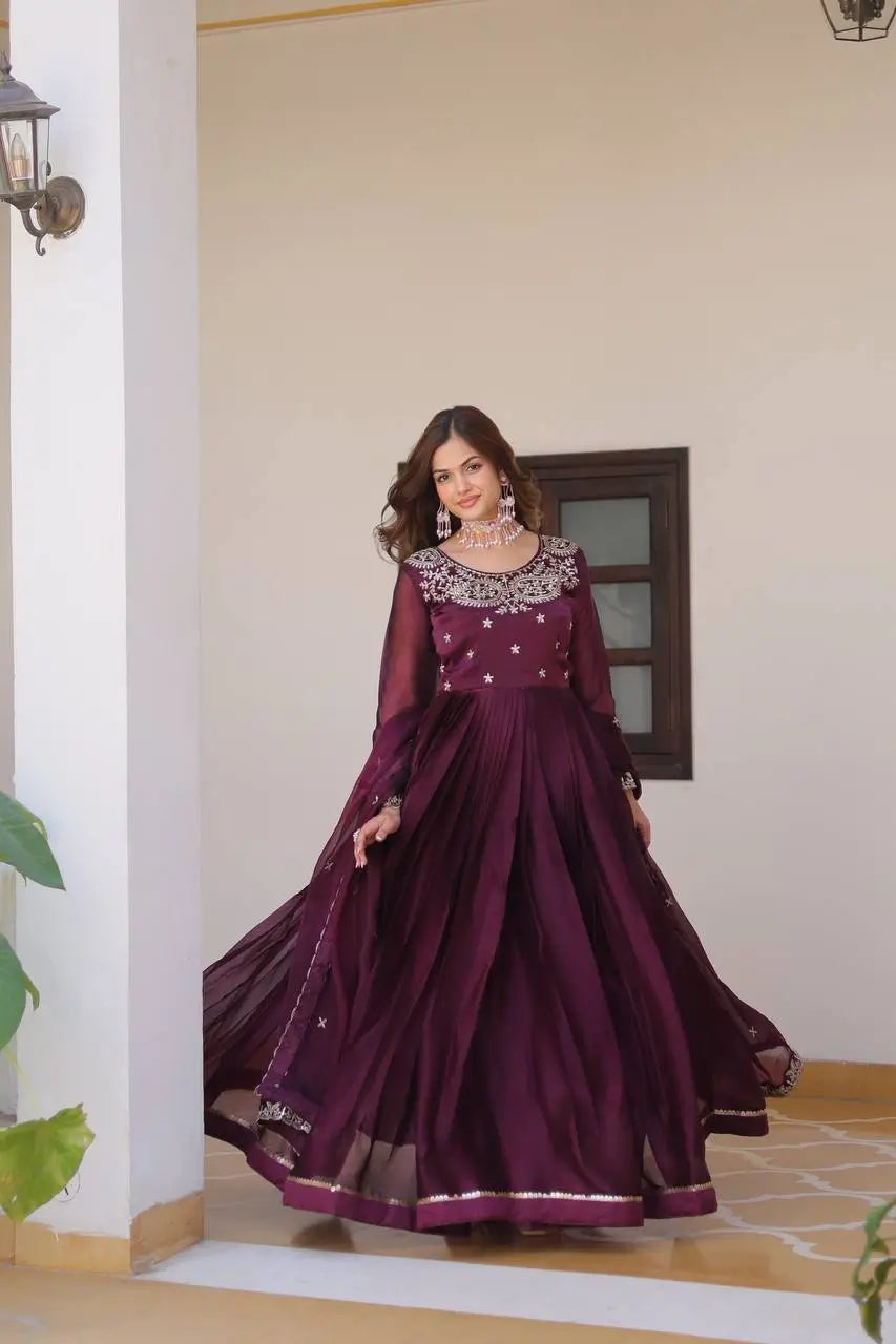 Embroidered Vichitra Silk Festival Gown Set
