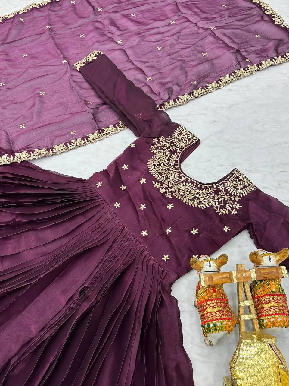 Embroidered Vichitra Silk Festival Gown Set