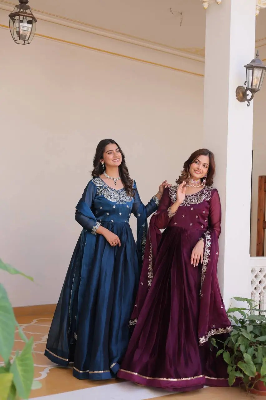 Embroidered Vichitra Silk Festival Gown Set