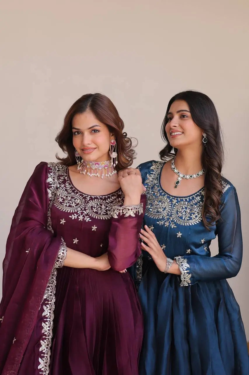 Embroidered Vichitra Silk Festival Gown Set