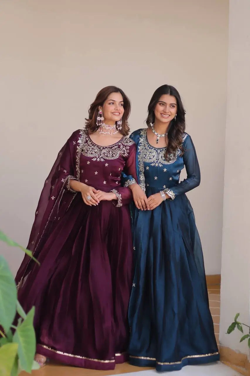 Embroidered Vichitra Silk Festival Gown Set
