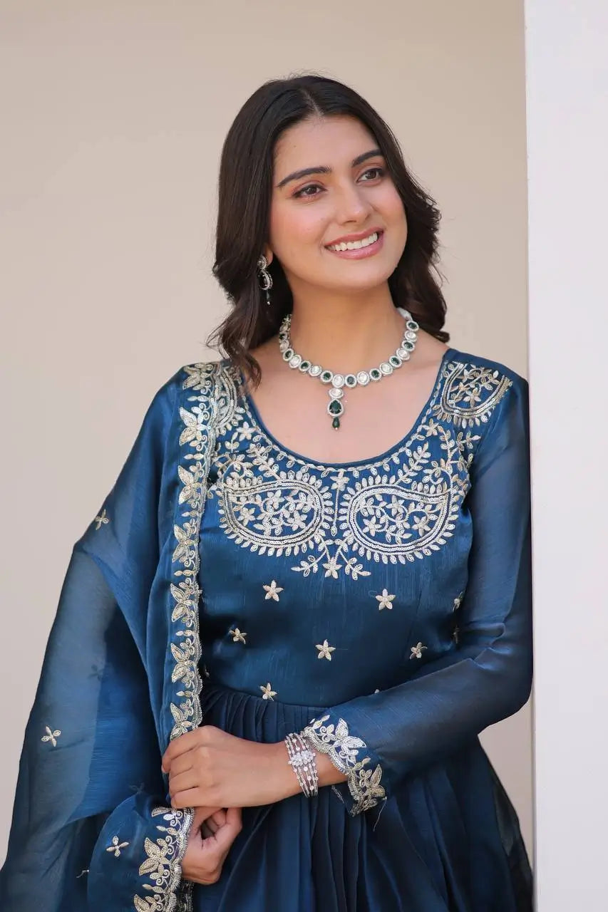 Embroidered Vichitra Silk Festival Gown Set