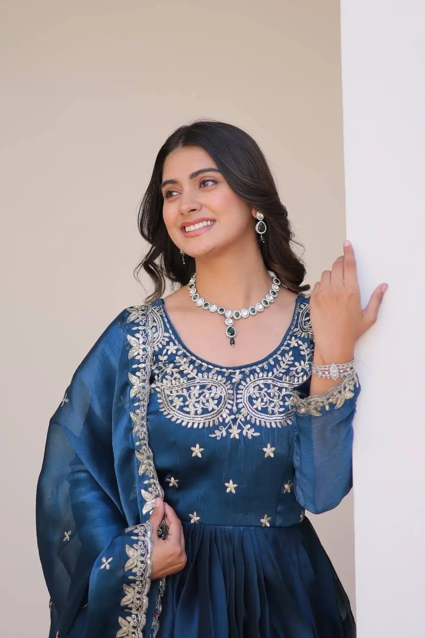 Embroidered Vichitra Silk Festival Gown Set