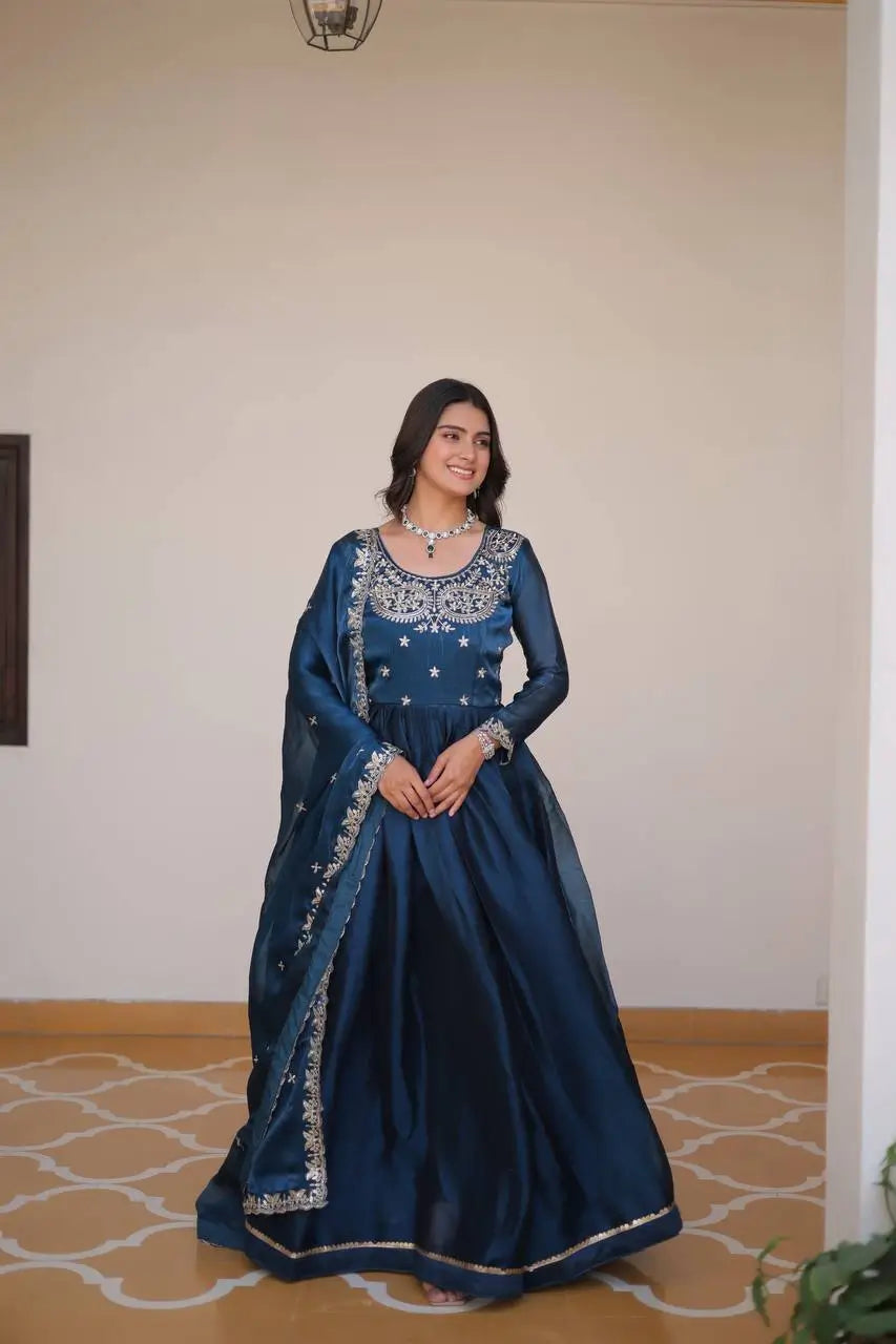 Embroidered Vichitra Silk Festival Gown Set