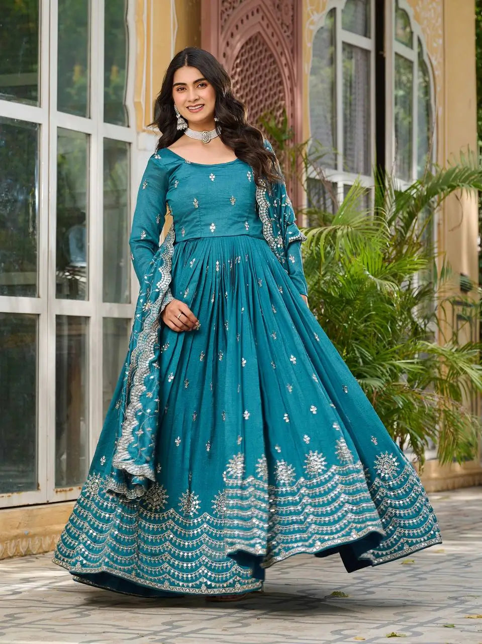 Embroidered Vichitra Silk Flair Gown Set