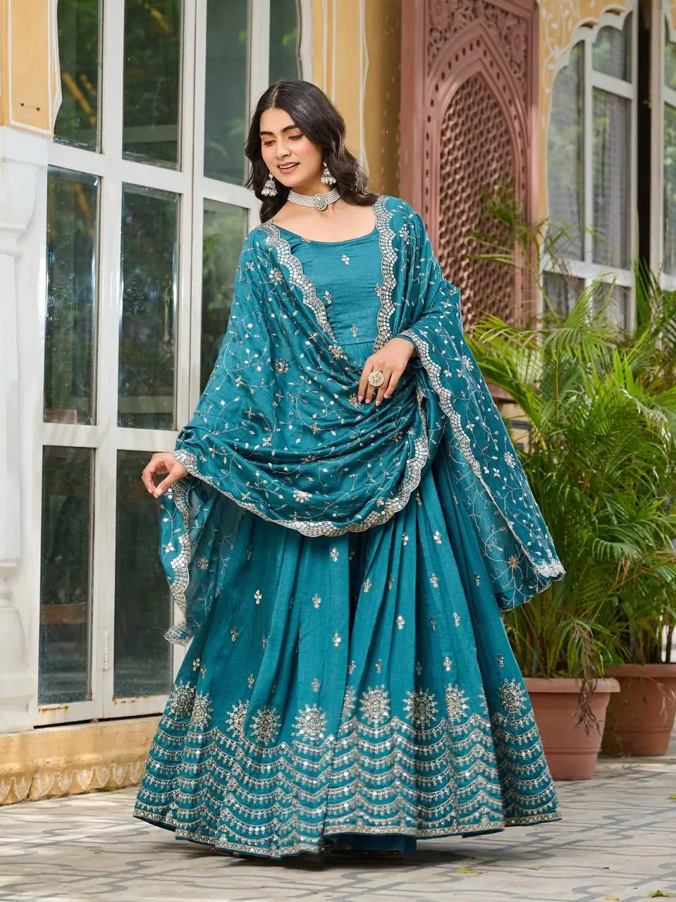 Embroidered Vichitra Silk Flair Gown Set