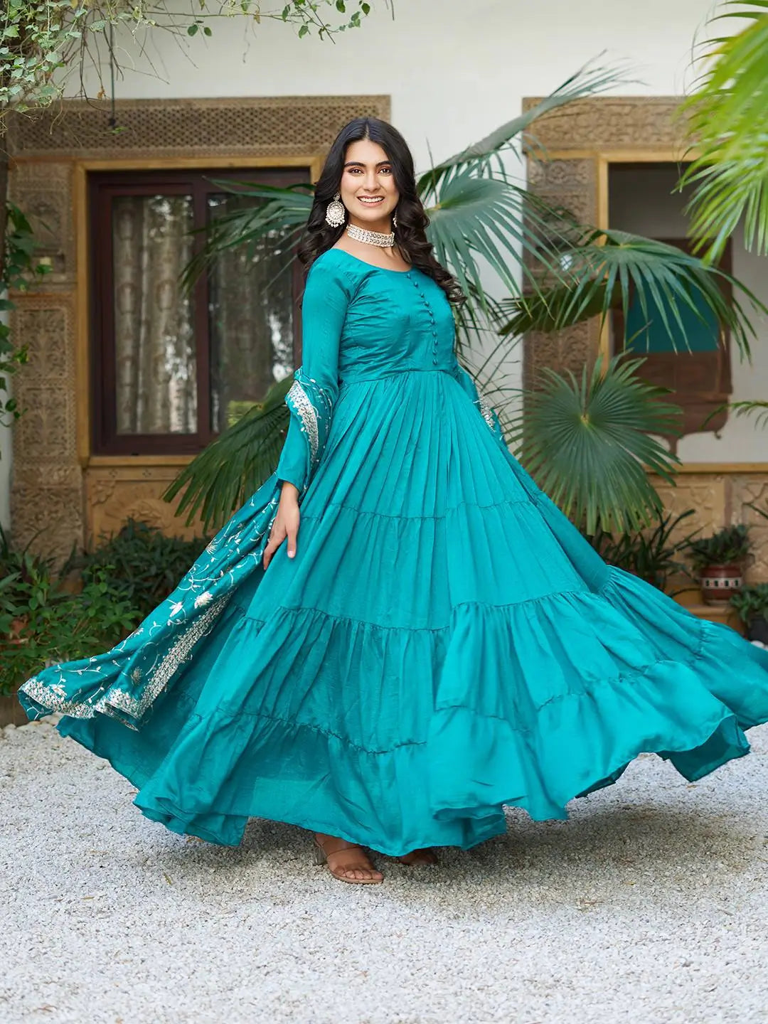 Embroidered Vichitra Silk Flair Gown Set