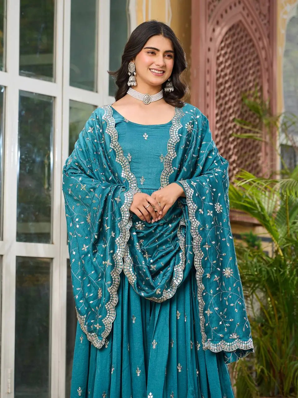 Embroidered Vichitra Silk Flair Gown Set