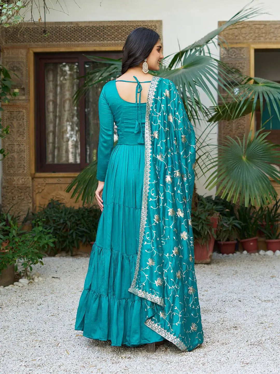 Embroidered Vichitra Silk Flair Gown Set