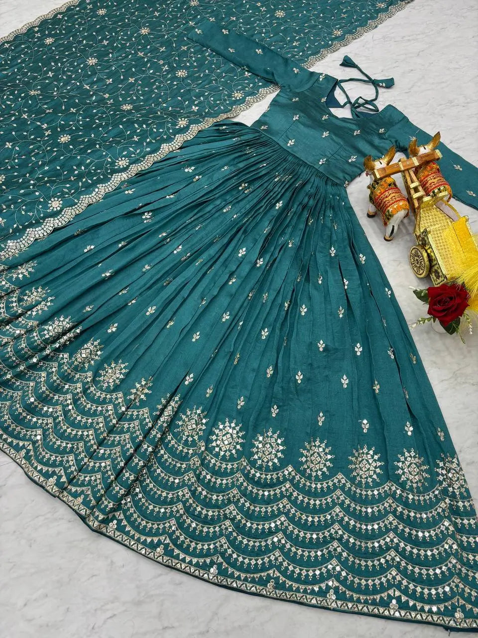 Embroidered Vichitra Silk Flair Gown Set